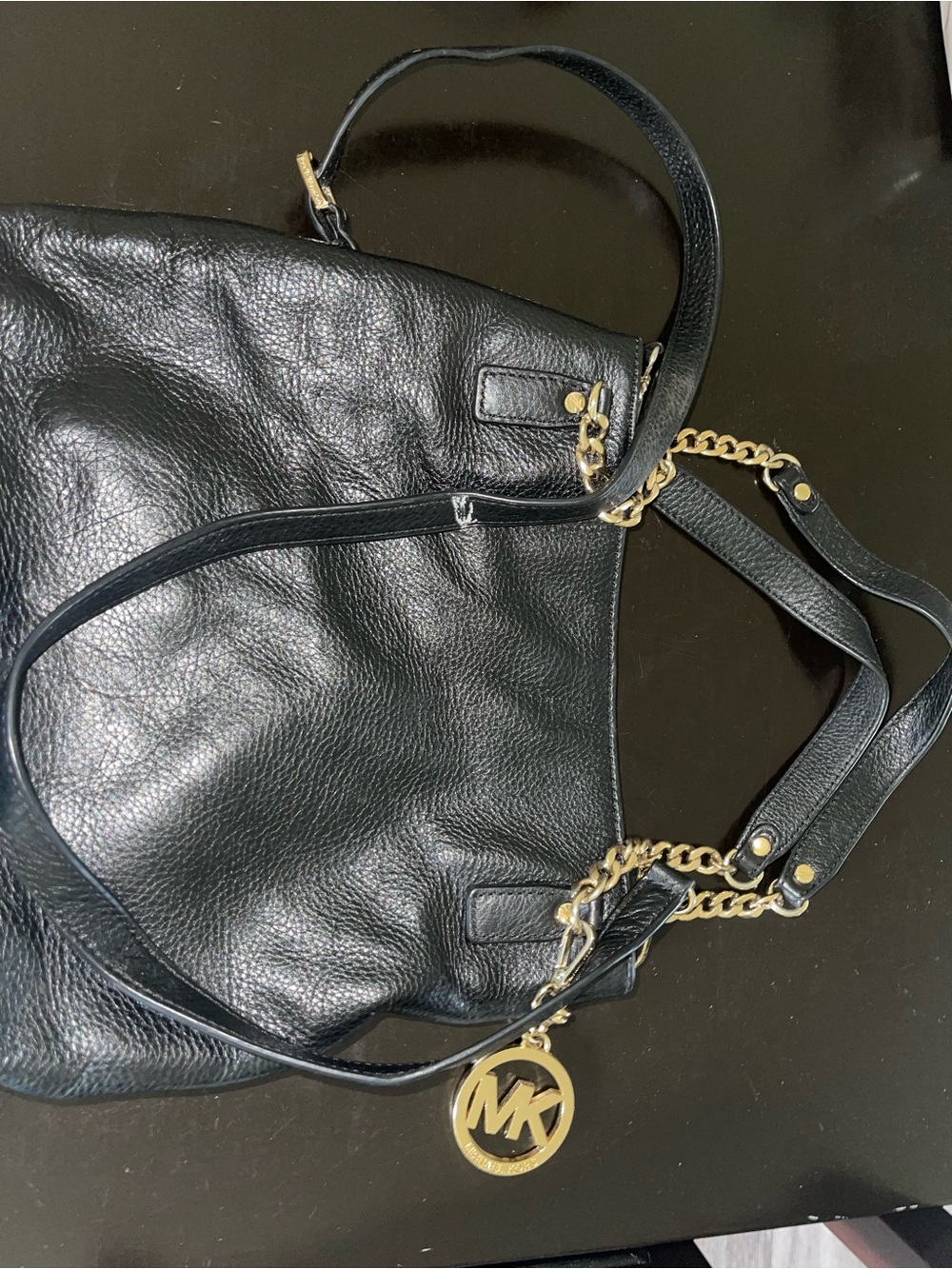 Michael Kors Black Leather Shoulder Bag with Gold Chain Accents